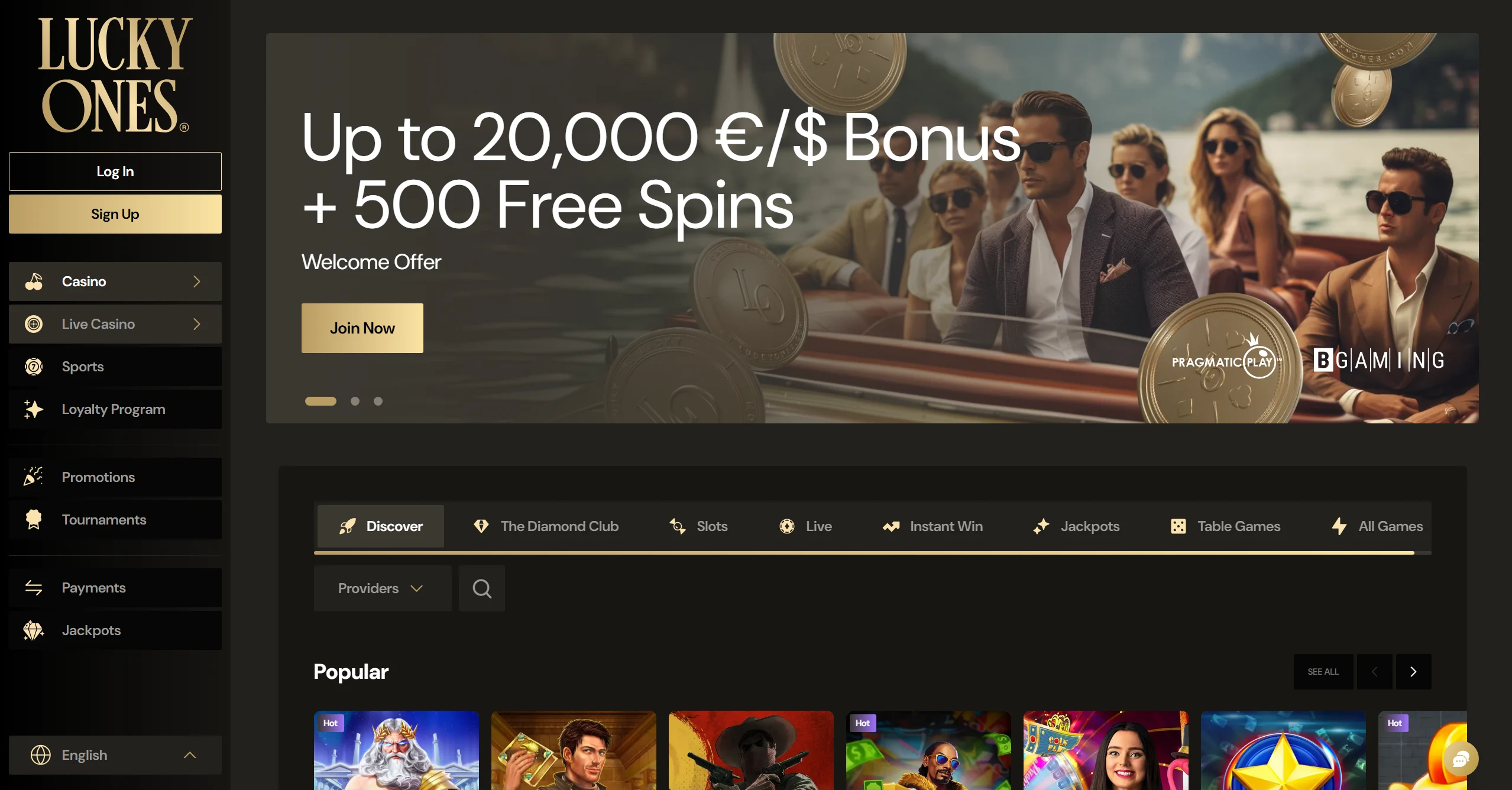 LuckyOnes frontpage with banner displaying a $20,000 welcome bonus